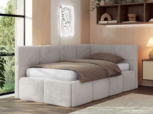 MKS MEBLE Jugendbett ARVO 90x200 cm mit Lattenrost und Bettkasten, Polsterbett mit gepolstertem Kopfteil und Gasdruckfedern, Eckbett mit Stauraum - ohne Matratze - Hellgrau Plüsch - Rechts Seite