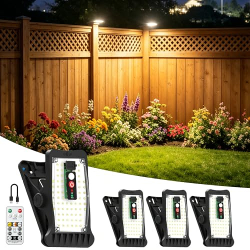 4 Clip-Solarlampen Außen mit Bewegungsmelder für Zäune,Dachrinnen,Garten | 70 LEDs 800LM, 1500 mAh Akku,Fernbedienung, 3 Modi und 3 Farbtemperaturen, Schutzklasse IP55 Außenleuchte,Sicherheitsleuchte