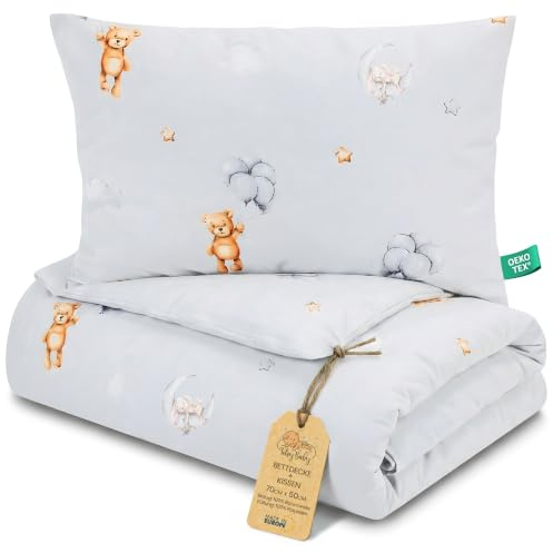Kinderbettdecke ohne Bezug Baumwolle Set Baby Kinderdecke Kissen | Decke 50x70 cm für Kinderbett Babybett Kleinkind ganzjahres leicht atmungsaktiv Kopfkissen bezugsfrei Teddybären