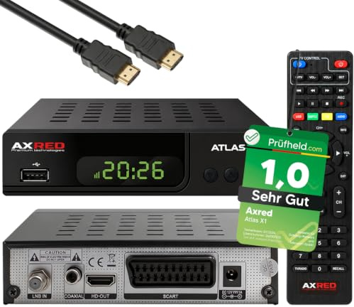 [ Test SEHR GUT, Note 1.0 *] AXRED Atlas X1 + HDMI Kabel, HD Sat Receiver mit Aufnahmefunktion, Full HDTV, Digital Sat-Receiver für Satellitenschüssel Satelliten Satellit TV Fernseher, HD-Receiver
