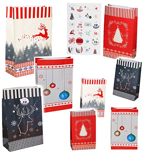alles-meine.de GmbH Weihnachtskalender - 24 Geschenktüten/Adventstütchen - Nordische Muster - zum Befüllen + Zahlenaufsticker - selber Basteln - für Erwachsene/Kinder/M..