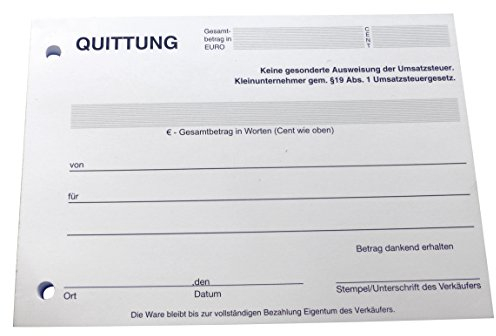 Druckerei Scharlau 1x Block Quittung - Quittungsblock für Kleinunternehmer (§19) - 2 x 50 Blatt DIN A6 - gelocht - SD -durchschreibend (22427)