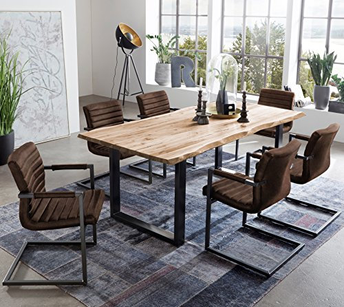 SAM 7 TLG. Essgruppe Quintus, Baumkantentisch 160x85 cm, Akazie-Holz naturfarben, Gestell schwarz, 6X Schwingstuhl Parzivo Wildleder-Optik