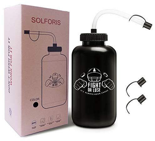SolForis Hockey Water Bottles with Long Straw, Fit for Football Lacrosse Gym Sport, Plastic Squeezable Leakproof BPA Free, No Strange Smell, Easy to Clean, 1 Liter 32 oz (3 Straw Caps) (Black)