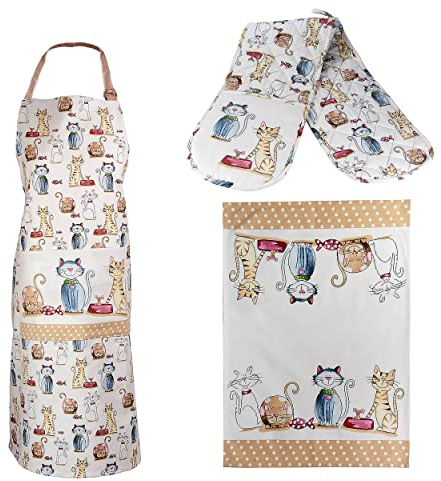 SPOTTED DOG GIFT COMPANY 3er Set - Abtrockentücher Küche, Küchenschürze, doppelter Ofenhandschuhe Hitzebestaendig, Baumwolle mit Katzen-motiv, Geschenke für Katzenliebhaber