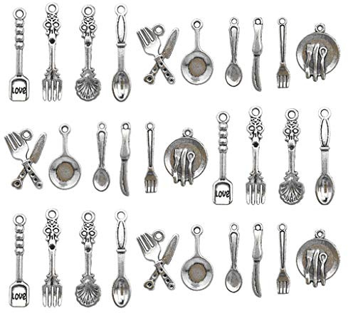 Kinteshun Kitchen Tableware Charms Baking Cooking Knife Fork Spoon Plate Pan Dinnerware Charm Pendant for DIY Jewelry Making Accessaries(100pcs,Antique Silver)
