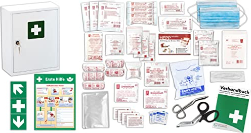 Erste Hilfe Schrank-Medizinschrank-Verbandschrank (300x140x370) -Komplettpaket- Füllung nach AKTUELLER DIN/EN 13157 (Betriebe) + viele Extras INKL. Verbandbuch + Aushang + Folienaufkleber