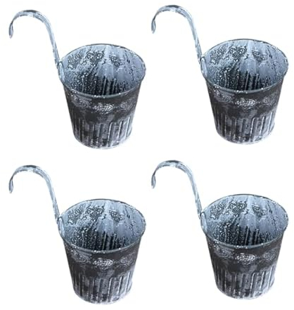 Warooma Eisen-Hänge-Übertopf, 4 Stück, Vintage-Metall-Eisen-Eimer, zum Aufhängen, Blumentöpfe, Metall, Handarbeit, dekorativer Hängetopf für Fenster, Wand, Zaun, Balkon, Garten, Terrasse