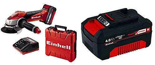 Einhell 4431119 Smerigliatrice Angolare Batteria Te-AG 18/115 Li Kit (1 X 3.0Ah), 18 V, 8500 Giri/min, Nero, Rosso &4511396 Batteria Ricaricabile agli Ioni di Litio 4000 mAh 18 V, Nero, Rosso, 4,0 Ah
