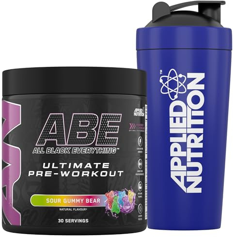 Applied Nutrition Bundle ABE Pre Workout 375g + 750ml Steel Protein Shaker | All Black Everything Pre Workout Powder, Energy & Physical Performance with Creatine, Beta Alanine (Sour Gummy Bear)
