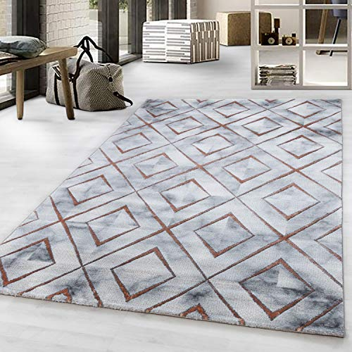 Ayyildiz Modern Designer Teppich, Kurzflor Rauten - Marmor Optik, Rechteckig, Grau und Bronzefarbe Teppich, Pflegeleicht, Wohnzimmerteppich, Größe:80 x 150 cm, Farbe:Grau-Bronze