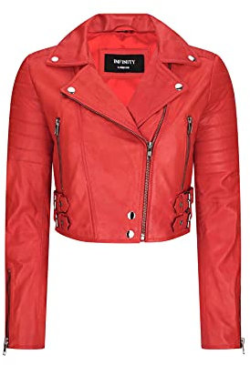 TruClothing.com Giacca Corta da Donna Biker Chiodo Vera Pelle Morbida Stile Classico - Rosso XS