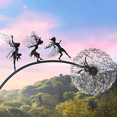 PLIENG Fées Et Pissenlits Dansent Ensemble - Fée Jardin Métal Cour Art Déco Fée Sculptures Danse avec Pissenlits Vent Catcher Cour Patio Décoration,C