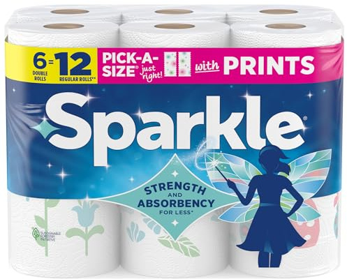 Sparkle Pick-A-Size Paper Towels, Spirited Print Design, 6 Double Rolls (660 Sheets Total) - Strong 2-Ply Towels for Kitchen Cleanup and Everyday Messes