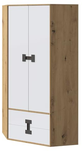 Mirjan24 Eckkleiderschrank Satton SA02, Drehtürenschrank mit Kleiderstange, Fächer und 2 Schubladen, Eckschrank, Kleiderschrank für Kinderzimmer (Eiche/Weiß + Schwarz)