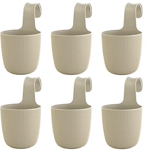 6 x Blumentopf zum Hängen, integriertes Drainagesystem, Farbe: Sand, Ø 15 cm, Pflanztopf-Kübel, Hängetopf, widerstandsfähig, rund, wetterfest, Kunststoff