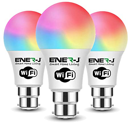 ENERJ WiFi Smart Led Light Bulb B22 Cap, 9W Dimmable Light Bulbs for Bedroom & Living Room Ceiling, Colour Changing RGBCW Light Remote Controlled Via App (3 Pack)