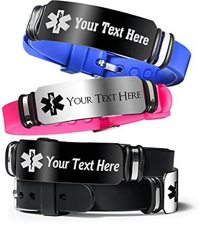 Rubsmao Medic Alert Bracelets for Women or Men, Personalised SOS Bracelet with Adjustable Silicone Wrist Bands