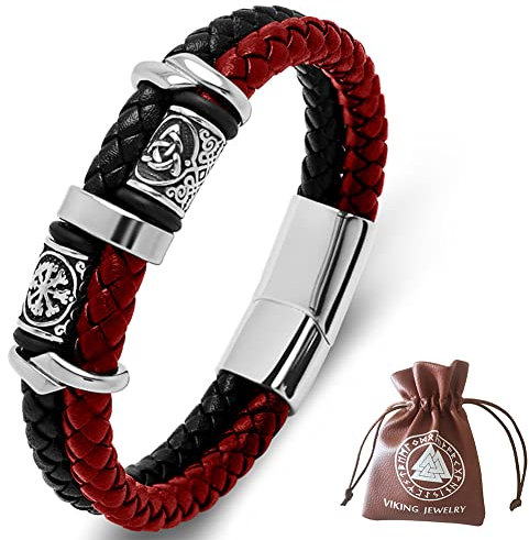 DPGOLDP Wikinger Lederarmband mit Edelstahl Celtic Knot & Vegvisir Runen Perlen Amulett Armbänder für Herren Damen,Black red,205mm
