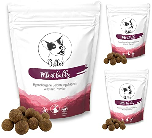 Meatballs Wild Thymian Hundeleckerli Getreidefrei & Hypoallergen Sensitiv Weich - Hundesnack Trainingsleckerli Snack Große Hunde Leckerlis - Soft Dog Treats | Billos 19mm 3er-Pack (3X 150g = 450g)