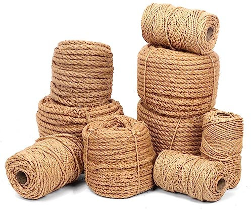 Glarks Spago di iuta naturale, 4 mm x 328 m, corda di iuta ben intrecciata, corda spessa per imballaggio di regali fai da te, decorazione per giardinaggio (4 mm x 70 m)