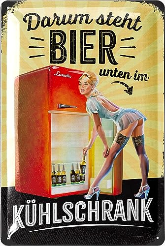 LANOLU Retro Blechschild Bier DARUM STEHT BIER UNTEN lustige Schilder Bar Dekoration für Partykeller, Kneipen Bardeko für Stammtisch, Geschenkidee Vatertag 20x30cm