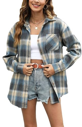 Megfie Chemise surdimensionnée à carreaux en flanelle douce pour femme - Chemise enroulable à manches longues en flanelle, Bleu océan, Taille XL