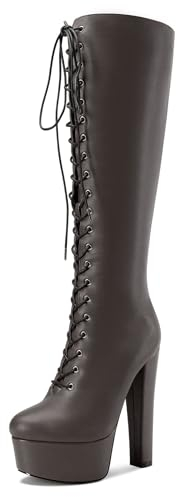 Castamere Donna Chunky Blocco Alto High Piattaforma Tacco Heel Rotonda Punta Lacci Cerniera Metà polpaccio Altezza Ginocchio Stivali Casual Dress 15 CM Heels Metallico 39 EU