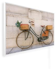 Könighaus Infrarotheizung – 4 Jahreszeiten – TÜV SÜD - 450 Watt + Könighaus Thermostat - Weißer Rahmen (Frühling Motiv: 01. Fahrrad)