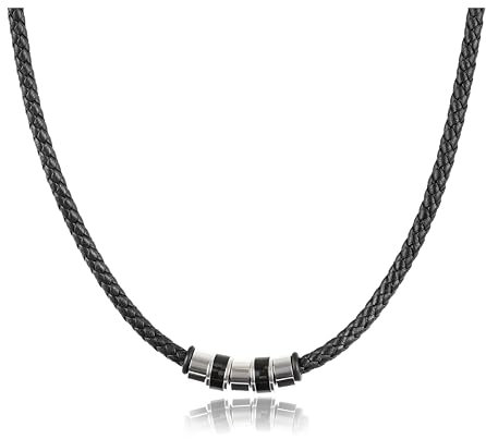 David Galvani Herren-Kette mit Bead-Anhänger aus Edelstahl, Halskette für Herren, Edelstahl, Kugel, Lederkette,Leder geflochten (Silber, 45)