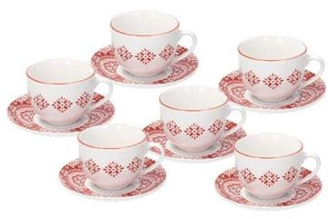 Avilia Juego de 6 tazas de café o té con platos – Juego de tazas y platos con decoración árabesca, de porcelana, 270 cc, blanco y rojo