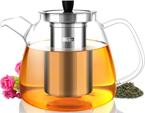 Aquach 42oz Glass Teapot with Stainless Steel Infuser, Stovetop & Dishwasher Safe, Ideal for Loose Leaf & Flowering Tea