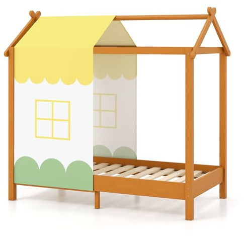 COSTWAY Hausbett mit abnehmbarem Betthimmel & Lattenrost, Kinderbett aus Holz, Holzbett für Kinder, 70 x 140 cm