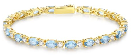 FANCIME Tennisarmband Damen 14K Vergoldet Aquamarin Tennis Armband 925 Sterling Silber Geburtsstein Geschenk Schmuck für Damen Mädchen, Länge 19 cm