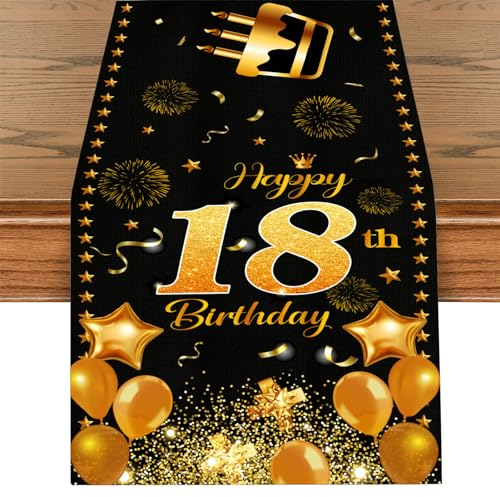 18.Geburtstag Tischläufer, Schwarz Gold Alles Gute zum Geburtstag 18. Tischband, Happy 18th Birthday Tischdecke Tisch Deko für Mädchen Jungen 18 Geburtstag Jahrestag Party Dekoration 180 x 35cm