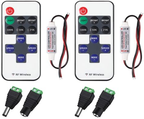 AEDIKO 2 Sets LED Strip Controller LED Strip Dimmer Controller DC 5V-24V 12A Receiver RF Wireless Remote LED Strip Remote Control Controller for 2-Pin SMD 5050 3528 2835 5630 LED Strip