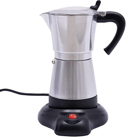 SuhoFutus Elektrischer Espresso-Kocher mit Basis, Für 1-6 Espressotassen: 300 ml, 480 Watt Mokka Maschine aus Aluminiumlegierung, mit Anti-Tropf Düse, 10.2 * 19.5 cm (D*H) (Silber)