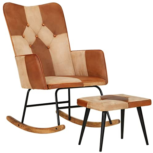 CINDERFUL Schaukelstuhl mit Hocker Braun Echtleder und Canvas,Schaukelstuhl aus Echt Leder Entspannungsinsel für Wohnzimmer & Schlafräume Sessel & Stühle