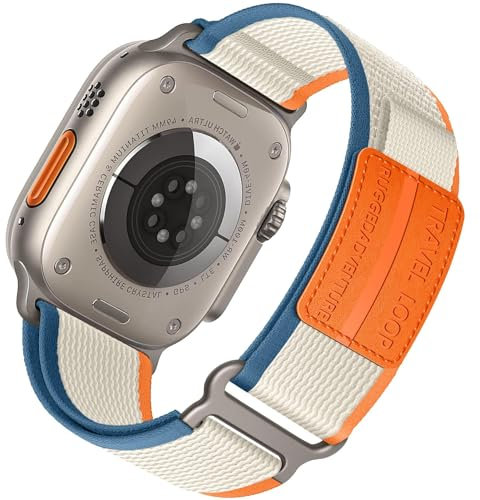 Trail Loop for Apple Watch Ultra/2 Straps 49mm 46mm 44mm 45mm 42mm 41mm 40mm 38mm iWatch Strap Men/Women,Nylon Sport Strap for Apple Watch Series 10 Strap 9 8 7 6 5 4 3 SE/2,Orange Beige/Leather L