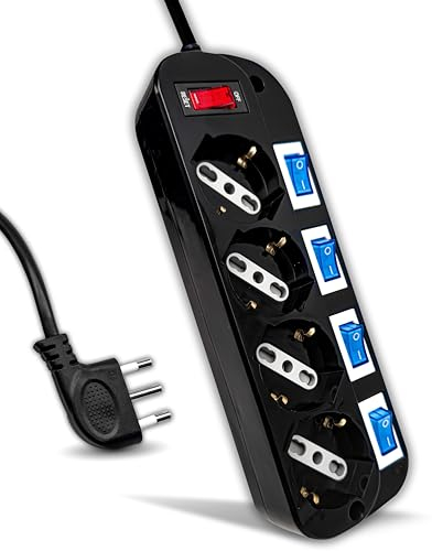V-TAC Multipresa Elettrica Nera con Interruttori Indipendenti - 4 Prese 10/16A Bipasso + Schuko - Spina 16A - Ciabatta Multipresa - Presa Elettrica per Casa, Ufficio, Negozio - Colore Nero