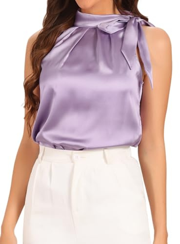 Allegra K Damen Ärmellos Satin Top Elegant Rüschen Stehkragen Bluse Schleife Oberteil