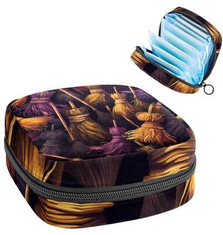 Sanitary Napkin Storage Bag, Portable Menstrual Cup Pouch, First Period Bag for Women Girls, Halloween Broom-359 Zipper Menstruation Padded Purser