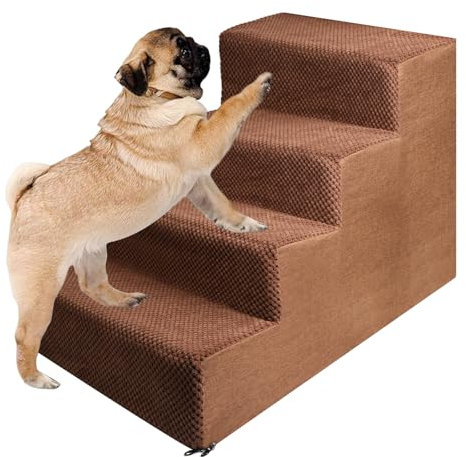 Haustiertreppe für Kleinen Hunde und Katzen, Abnehmbare Waschbar Hundetreppe Katzentreppe aus Schwamm mit Reißverschluss Plüschbezug, Tragbar Haustiertreppe für alte Hunde (4 Stufen Braun)