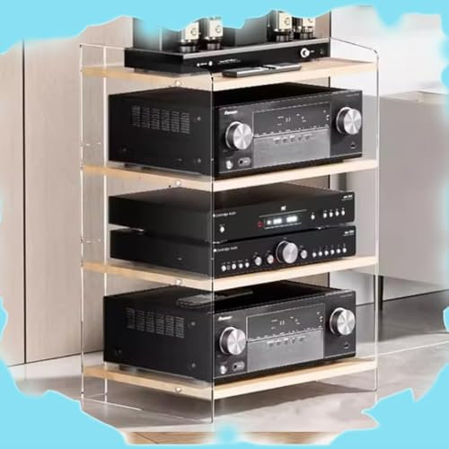 ZIUSFAC Audio Rack Hifi Regal Acryl Multimedia Regal Mini HiFi-Ständer 3/4-stufiger AV Medienständer Plattenspieler Rack Audioständer Mit Verstellbaren Regalen Audio Schrank(Clear+wood,40x52.2x79.4cm)