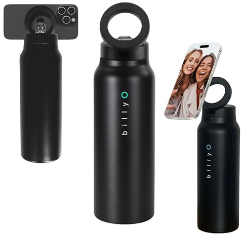 Termo BillyO para Gimnasio y Deporte con Soporte de Móvil Ajustable/Trípode | Botella Térmica de Acero Inoxidable 700ml con Tapa Estanca MagSafe | Boquilla y Rosca | 24h Fría, 12h Caliente