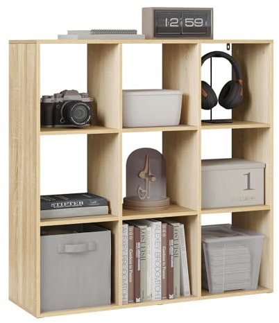 WOLTU Bücherregal mit 9 Fächern, Würfelregal Standregal Büroregal Aufbewahrungsregal, offenes Regal für Wohnzimmer Schlafzimmer Büro, 94x93x29,5 cm, helle Eiche, SK047hei
