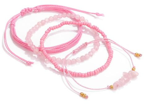 LunarCharm 4-teiliges Rosa Naturstein-Perlenarmband für Damen, Freundschaftsarmband Kristallarmband, Boho-Edelsteinarmbänder, gewebte Stretch-Schnurarmbänder für Damen