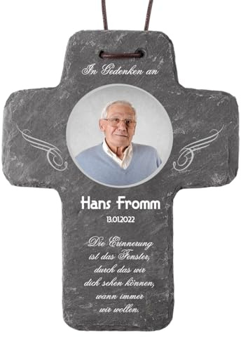private grief Kreuz mit Foto aus Naturschiefer als Andenken an einen lieben Verstorbenen (Foto, klein)