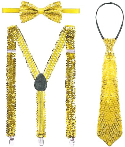 Chyuxinda 3pcs Pailletten Jazz Kostüm Hip-Hop Disco JGA Kostüm Zubehör mit Hosenträger Pailletten Fliege Krawatte für Halloween Cosplay Karneval Fasching Cosplay Party Abschlussball