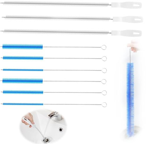 YUNXCNA Abflussreiniger Bürste Set, 9 Stück, Reinigungsbürste für Abwasserkanäle, Eckreinigungsbürste, Rohrbürste, Weiß und Blau, Stahldraht und Nylonborsten